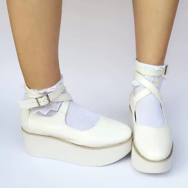 (BFM)Antaina~Punk Lolita High Platforms Shoes Lolita Ankle Strap Shoes 37 White matte (with a heel height of back 7, front 5) 