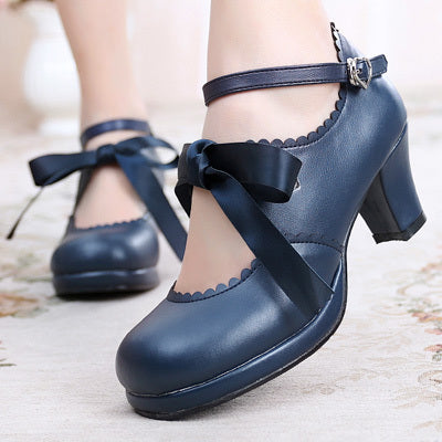 Sosic~Qing Mengnuo~Elegant Lolita Satin High Heel Handmade Shoes navy blue color 33 