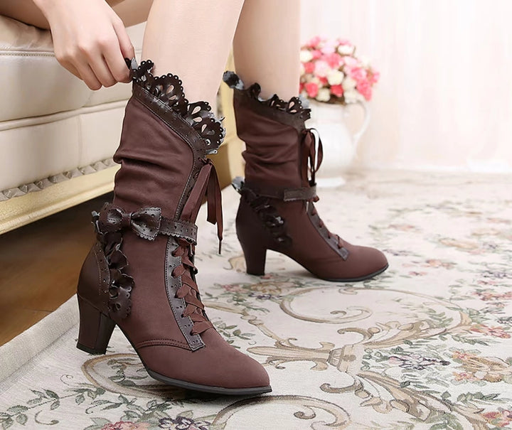 Sosic~Meteorite's Wound~Winter Gothic Lolita Boots Dark Velvet Mid-Calf Heels