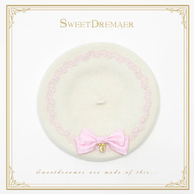 SweetDreamer~Vintage Lolita Beret Woolen Beret for Autumn/Winter Wear Adjustable Ivory White Hat - Light Pink Flower 