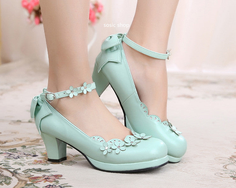 Sosic - Peony Petal - Original Petal Bow High Thick Sweet Lolita Small Leather Shoes