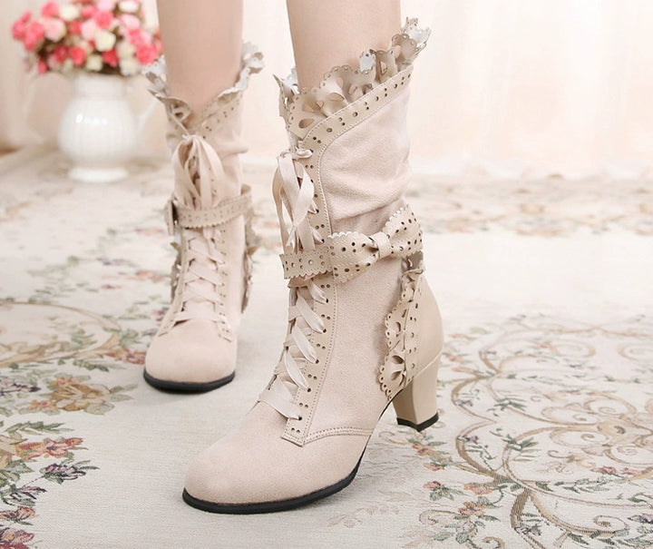 Sosic~Meteorite's Wound~Winter Gothic Lolita Boots Dark Velvet Mid-Calf Heels 40804:676262