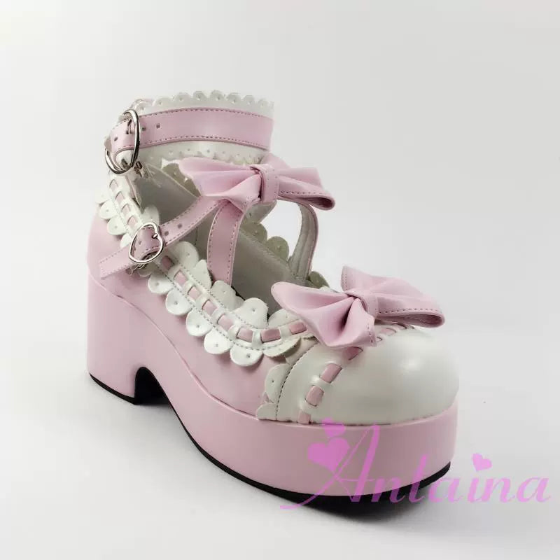 Antaina~Sweet Lolita Shoes Platform Shoes Multicolor 37 Pink white matte [Heel - 7cm back 3cm front] 