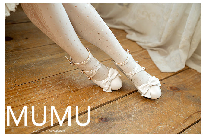 Mumu~Girls' Dinner~Sweet Lolita High-Heeled Bows Shoes Multicolors 33 white 