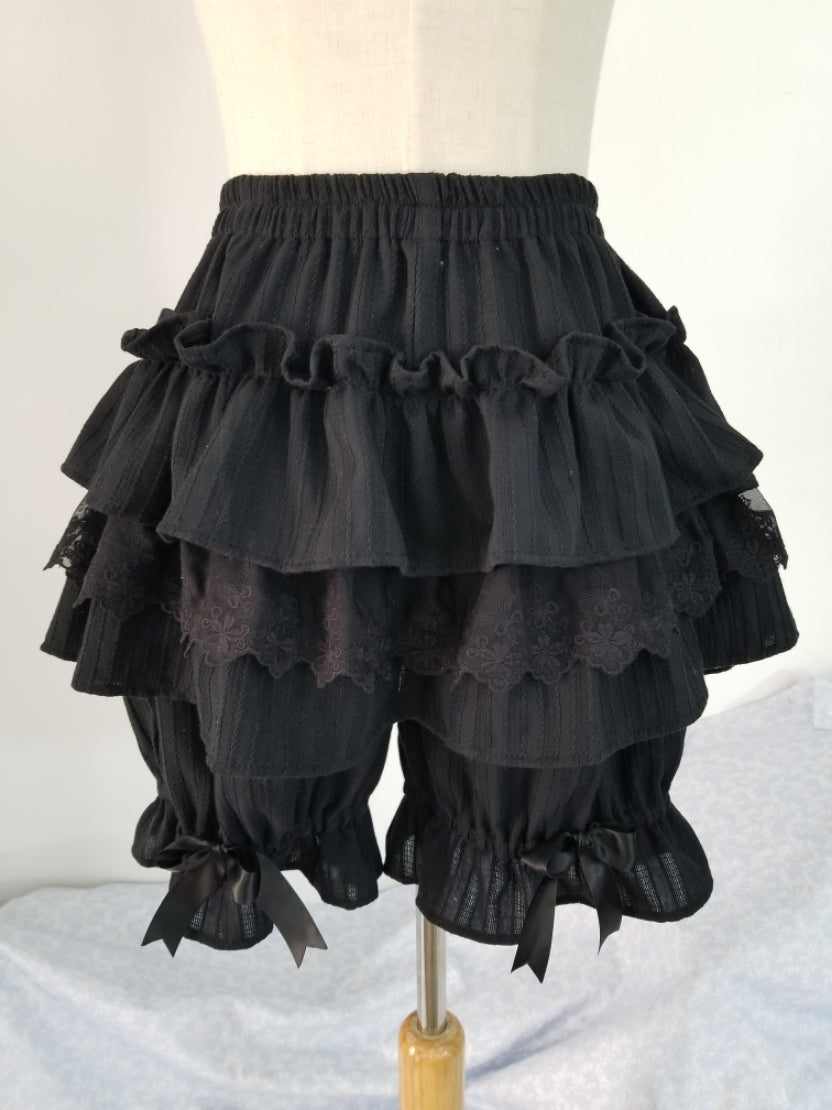 WangYan&Summer - Cotton Lolita Bloomers Tiered Pettipants Black (jacquard pattern differs from the image) Short version (total length 40 cm / 15.7 inches)