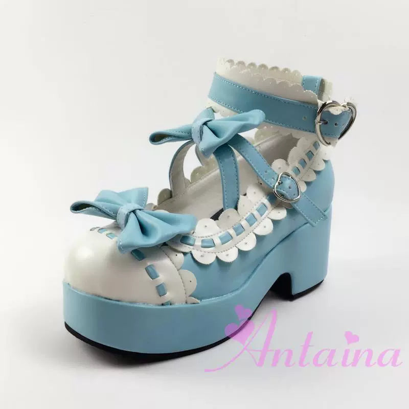 Antaina~Sweet Lolita Shoes Platform Shoes Multicolor 37 Blue white matte [Heel - 7cm back 3cm front] 