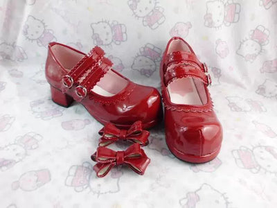 Antaina~Sweet Lolita Shoes Maid Style Lolita Shoes Burgundy mirror surface 34 
