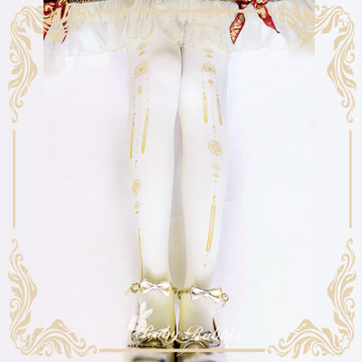 Ruby Rabbit~Qi Lolita Velvet Tassel and Jewelry Print Pantyhose L beige-golden 