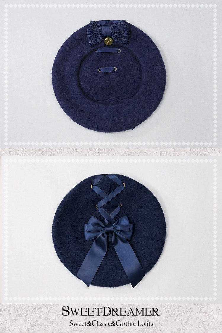 (BFM)SweetDreamer~Steam Era~Retro Lolita Beret Cross Ribbon Bow Hat Multicolors adjustable navy blue hat with navy blue bow 