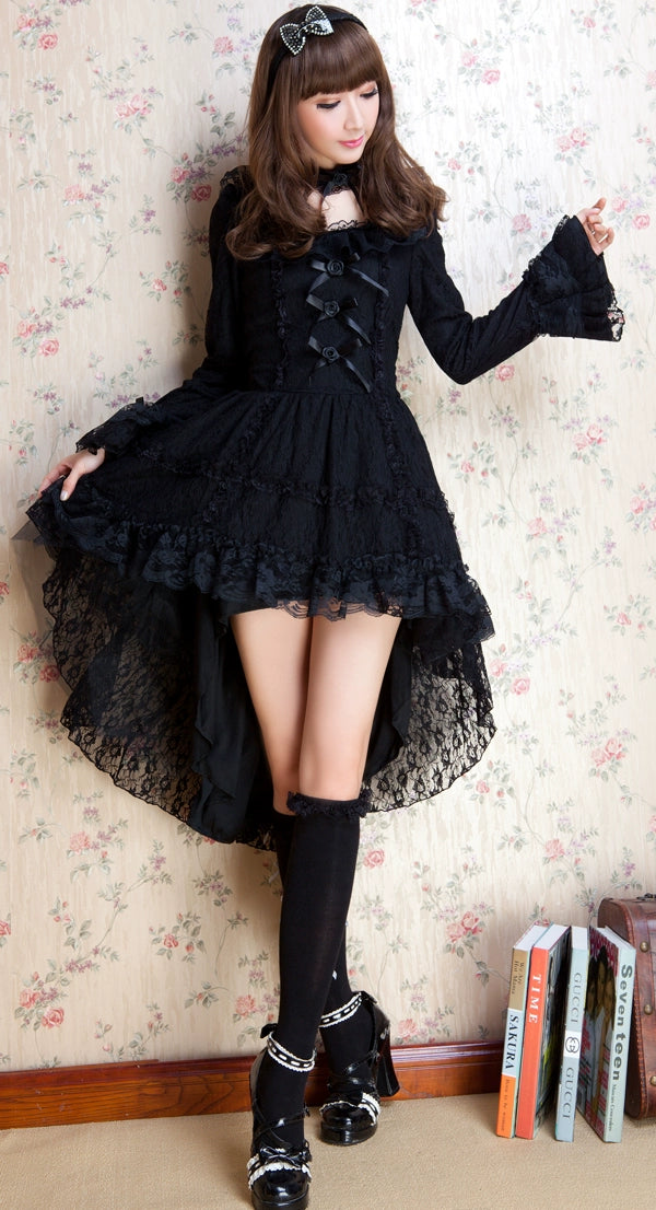 G.L.P - Sweet Lolita Dress Lace Long Sleeve Dress S Black