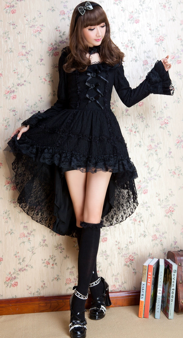 (BFM)G.L.P~Sweet Lolita Dress Lace Long Sleeve Dress S Black 