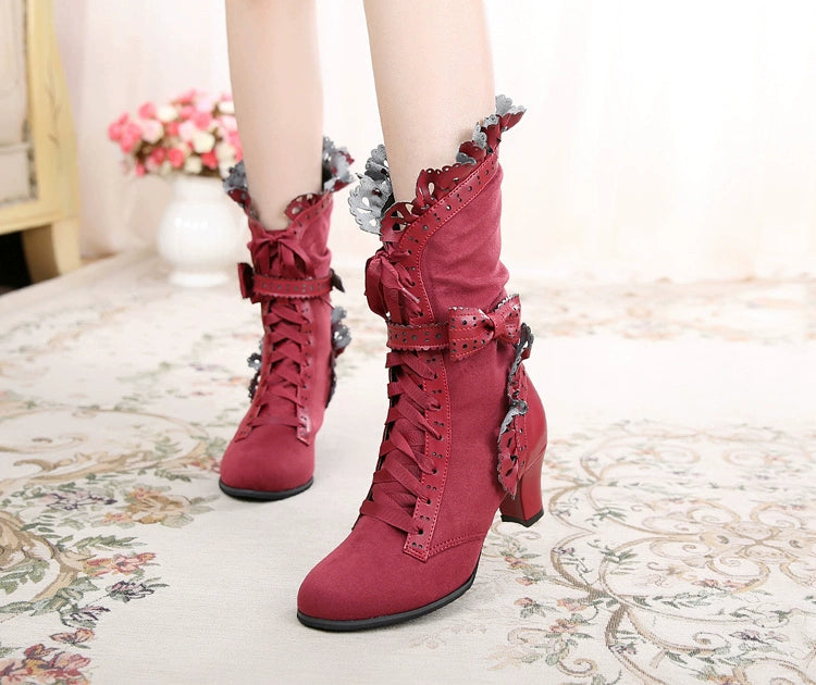 Sosic~Meteorite's Wound~Winter Gothic Lolita Boots Dark Velvet Mid-Calf Heels