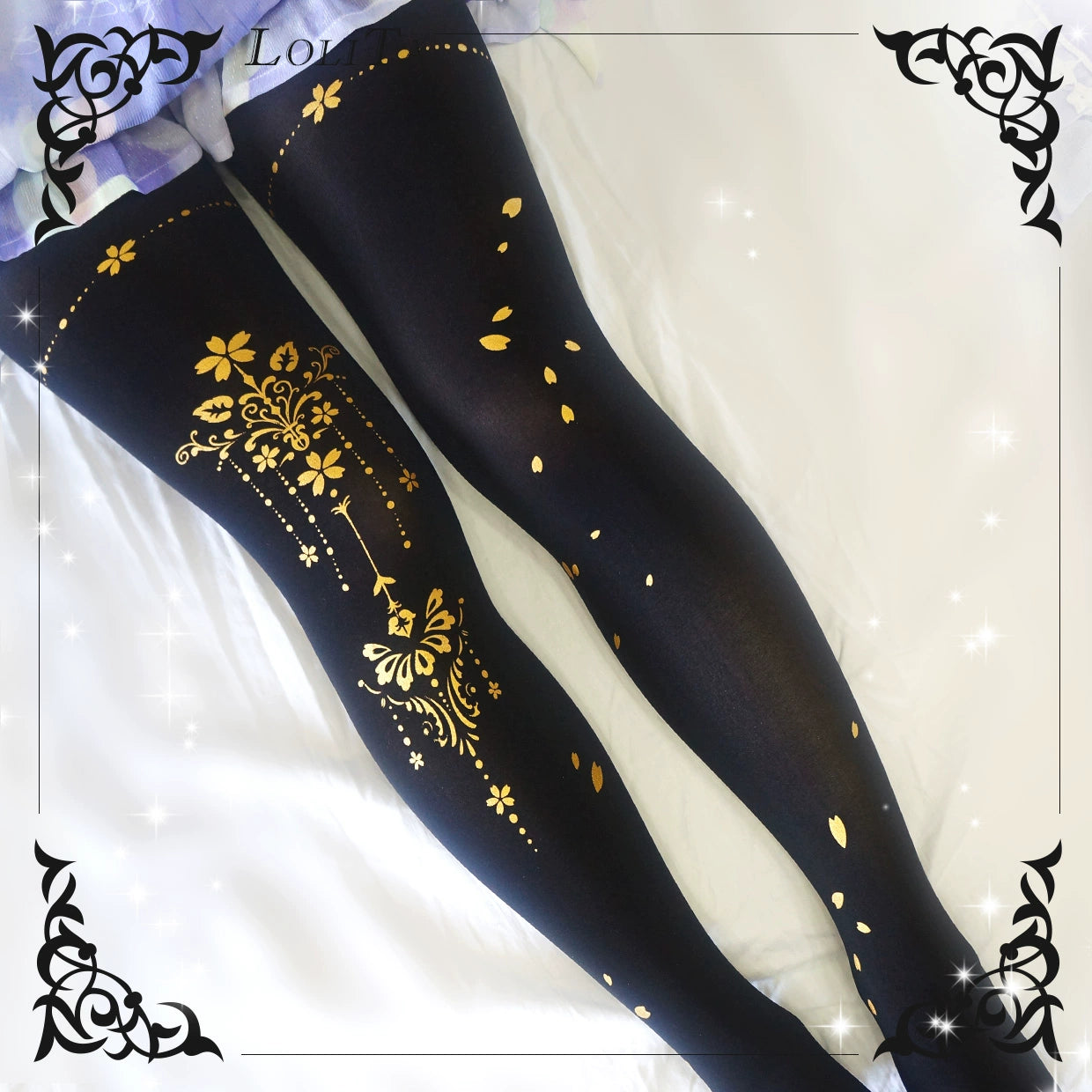 Wulala Mew~Kawaii Lolita Pantyhose Cute Print Lolita Stockings Free size Black - cherry blossom flapping print 