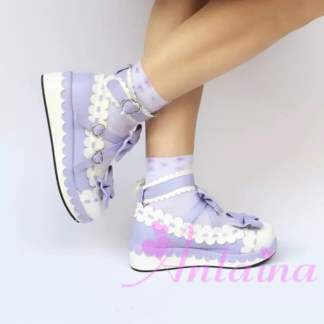 Antaina~Sweet Lolita Shoes Platform Shoes Multicolor 37 Purple white matte [Heel - 7cm back 3cm front] 