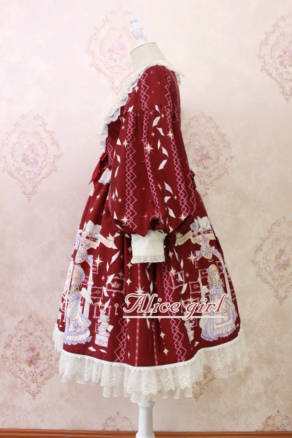 Alice Girl~Sweet Lolita OP Dress Angel Print Lace Ruffle Dress   