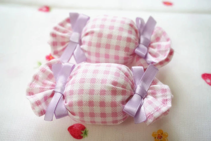 Cat Tea Party~Sweet Lolita Candy Hair Clip Butterfly Bow Brooch Pink Plaid Candy + Purple Bow - One piece  