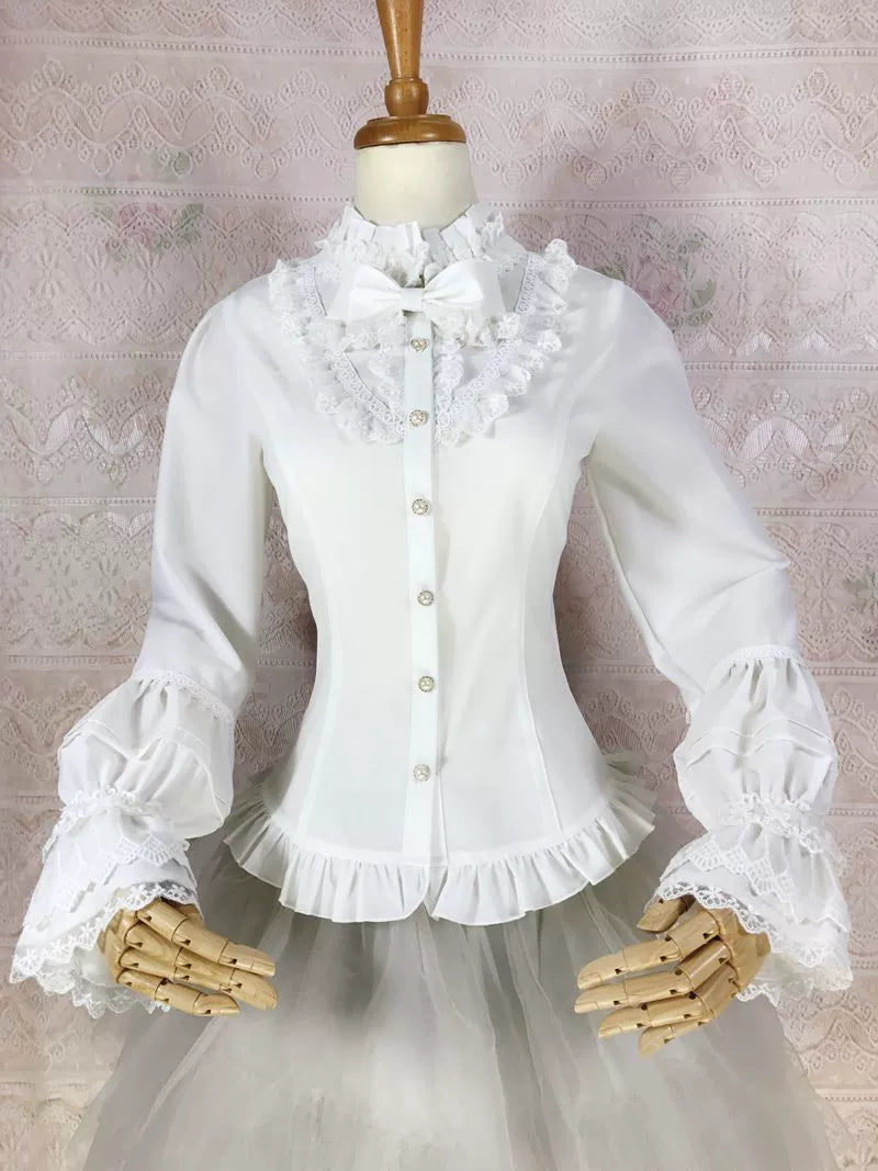 Yilia Lolita - Elegant Lolita Shirt Stand Collar Long Puff Sleeve Blouse milky white XL