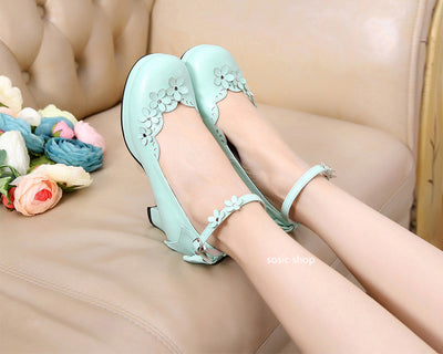 Sosic~Peony Petal~Original Petal Bow High Thick Sweet Lolita Small Leather Shoes   
