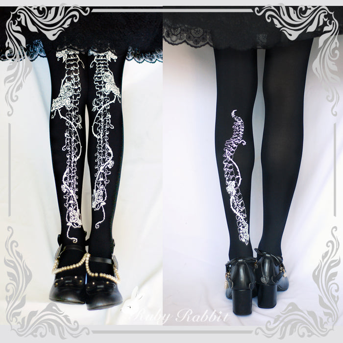 Ruby Rabbit~Gothic Lolita Bone and Rose Print Pantyhose