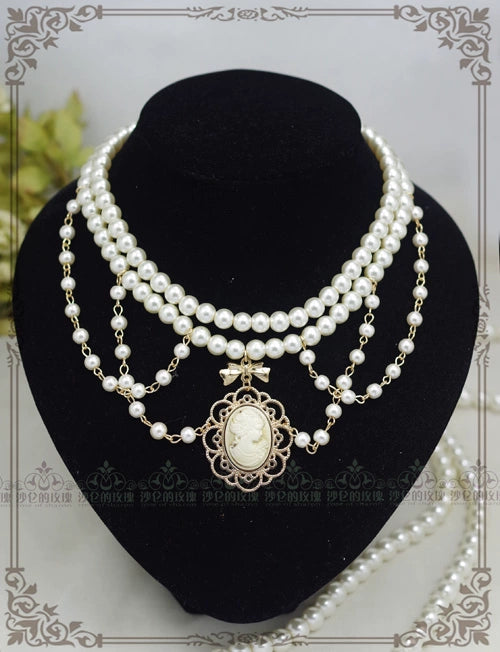 Rose of Sharon~Manor Ball II~Retro Lolita Necklace Pearl Necklace White pearl + golden brown sculpture  