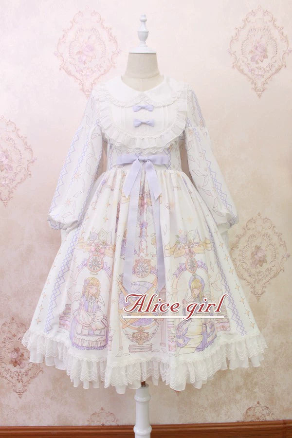 Alice Girl~Sweet Lolita OP Dress Angel Print Lace Ruffle Dress S beige white 