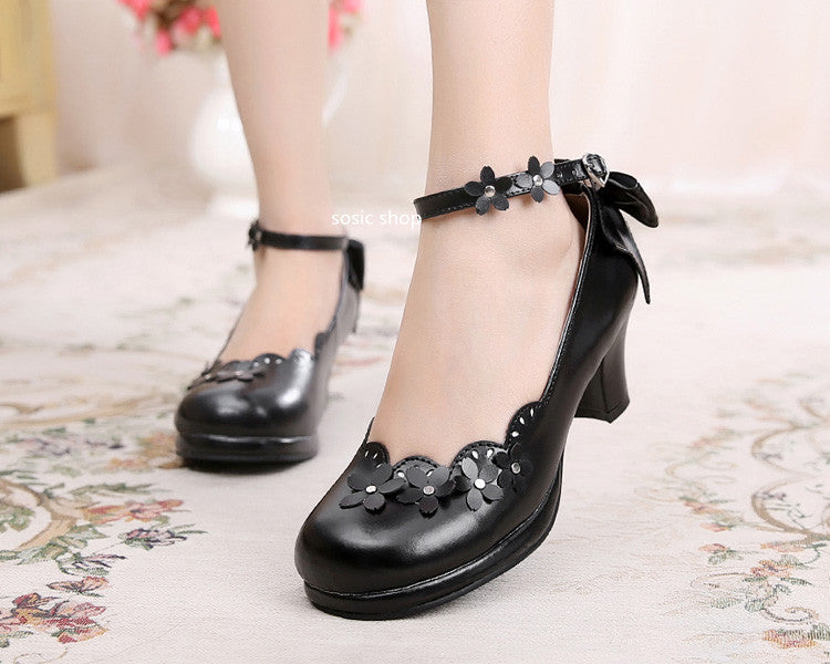 Sosic - Peony Petal - Original Petal Bow High Thick Sweet Lolita Small Leather Shoes black 33