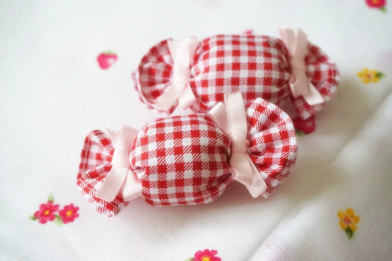 Cat Tea Party~Sweet Lolita Candy Hair Clip Butterfly Bow Brooch Red Plaid Candy + Pink Bow - One piece  