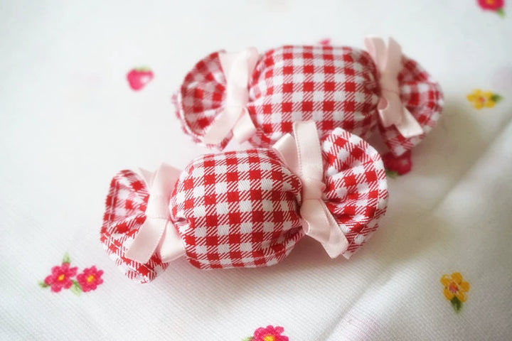 Cat Tea Party~Sweet Lolita Candy Hair Clip Butterfly Bow Brooch Red Plaid Candy + Pink Bow - One piece  