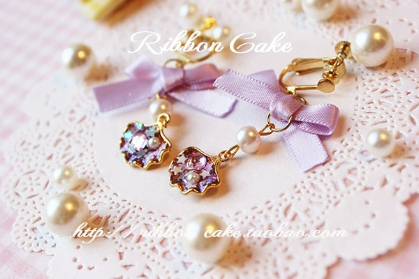 Ribbon Cake~Sweet Lolita Star Pearl Shell Earrings   
