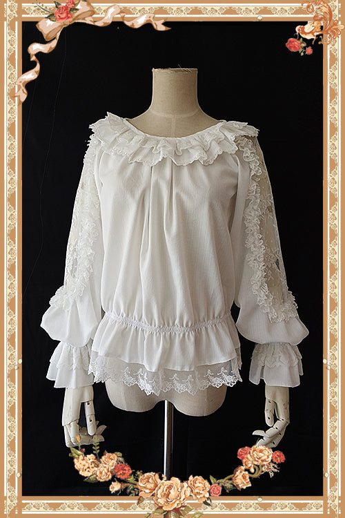 Infanta~Jenny Cookies~Classic Lolita Chiffon Blouse with Hollow-out Lace Shoulder White Free size (fits bust within 120 cm / 47.2 inches)