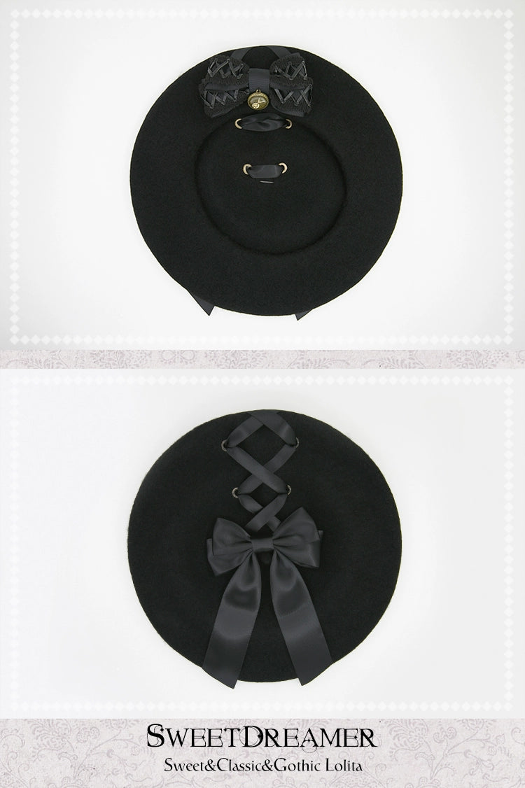 (BFM)SweetDreamer~Steam Era~Retro Lolita Beret Cross Ribbon Bow Hat Multicolors adjustable black hat with black bow 