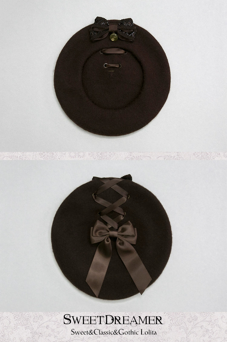 (BFM)SweetDreamer~Steam Era~Retro Lolita Beret Cross Ribbon Bow Hat Multicolors adjustable brown hat with brown bow 