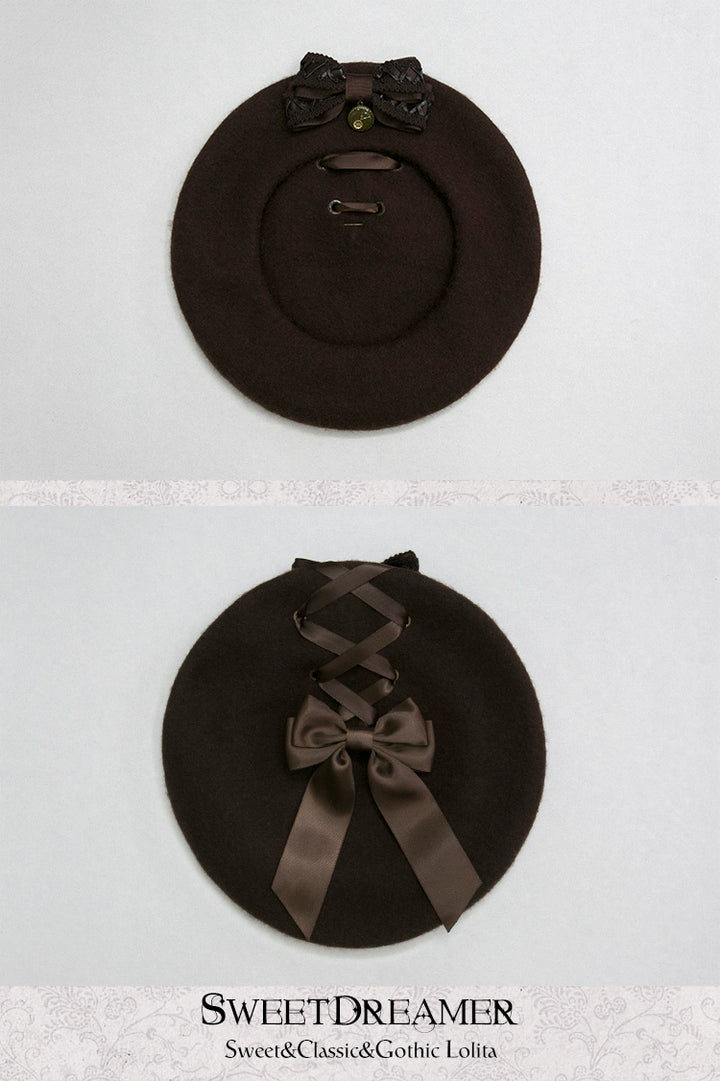 (BFM)SweetDreamer~Steam Era~Retro Lolita Beret Cross Ribbon Bow Hat Multicolors adjustable brown hat with brown bow 