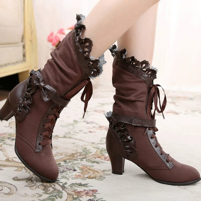 Sosic~Meteorite's Wound~Winter Gothic Lolita Boots Dark Velvet Mid-Calf Heels Brown (please note single-lined or fleece-lined) 34