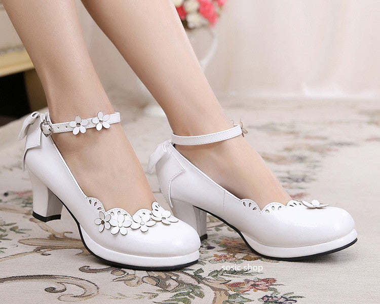 Sosic - Peony Petal - Original Petal Bow High Thick Sweet Lolita Small Leather Shoes