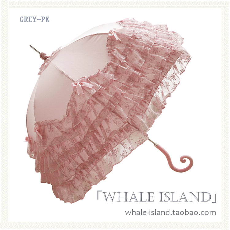 Whale Island - Laraine - Gorgeous Lolita Parasol Lace Umbrella Lolita Long Umbrella Grey pink