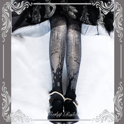 Ruby Rabbit~Halloween Gothic Lolita Castle and Spider Web Print Pantyhose M dark gary 