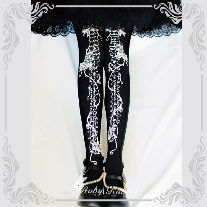 Ruby Rabbit~Gothic Lolita Bone and Rose Print Pantyhose   