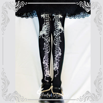 Ruby Rabbit~Gothic Lolita Bone and Rose Print Pantyhose L black 