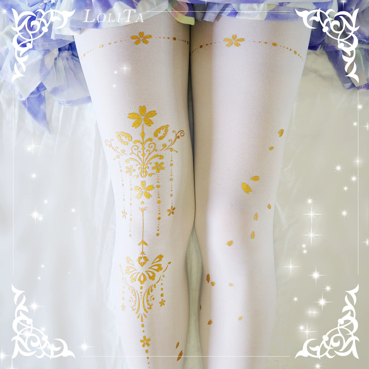 Wulala Mew~Kawaii Lolita Pantyhose Cute Print Lolita Stockings Free size White - cherry blossom flapping print 