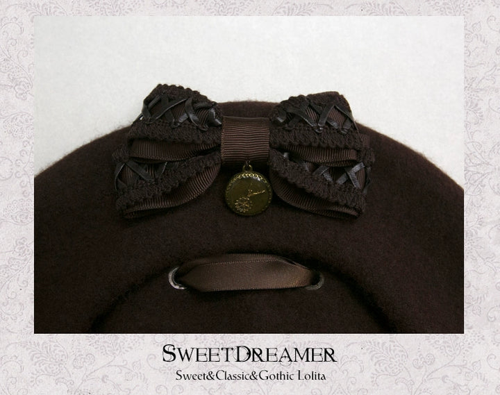 (BFM)SweetDreamer~Steam Era~Retro Lolita Beret Cross Ribbon Bow Hat Multicolors   