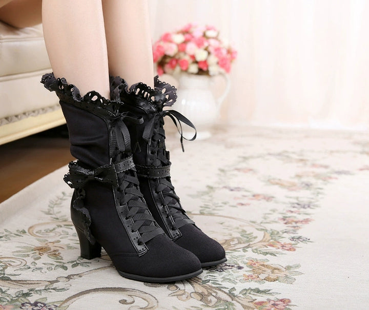 Sosic~Meteorite's Wound~Winter Gothic Lolita Boots Dark Velvet Mid-Calf Heels