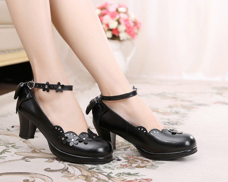 Sosic - Peony Petal - Original Petal Bow High Thick Sweet Lolita Small Leather Shoes