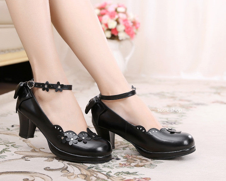 Sosic~Peony Petal~Original Petal Bow High Thick Sweet Lolita Small Leather Shoes black 33 
