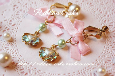 Ribbon Cake~Sweet Lolita Star Pearl Shell Earrings   