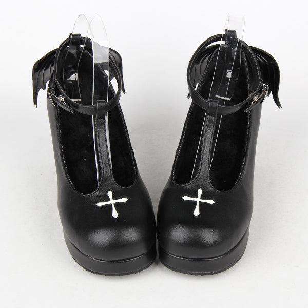 PUPUJIA~Gothic Lolita Wings and Cross Shoes for Chistmas 36 black velvet lining 