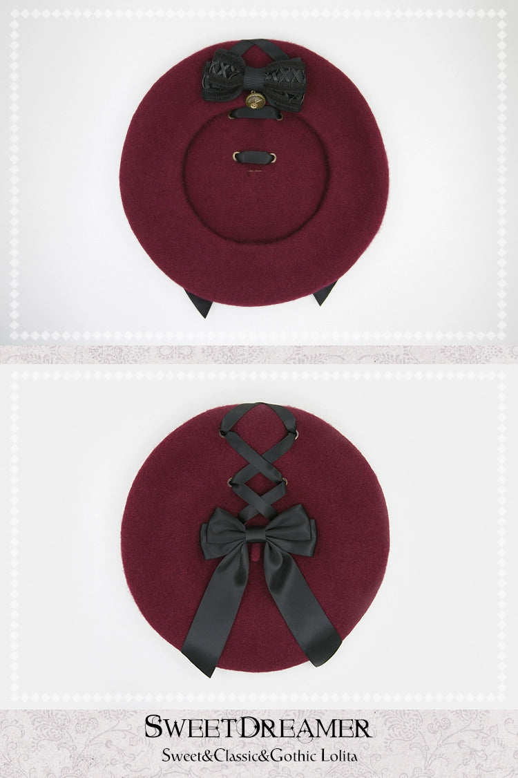 (BFM)SweetDreamer~Steam Era~Retro Lolita Beret Cross Ribbon Bow Hat Multicolors adjustable burgundy hat with black bow 