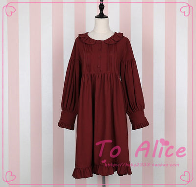 Alice Studio~Japanese Lolta Dress Vintage Mori Style OP free size burgundy dress-long sleeve 