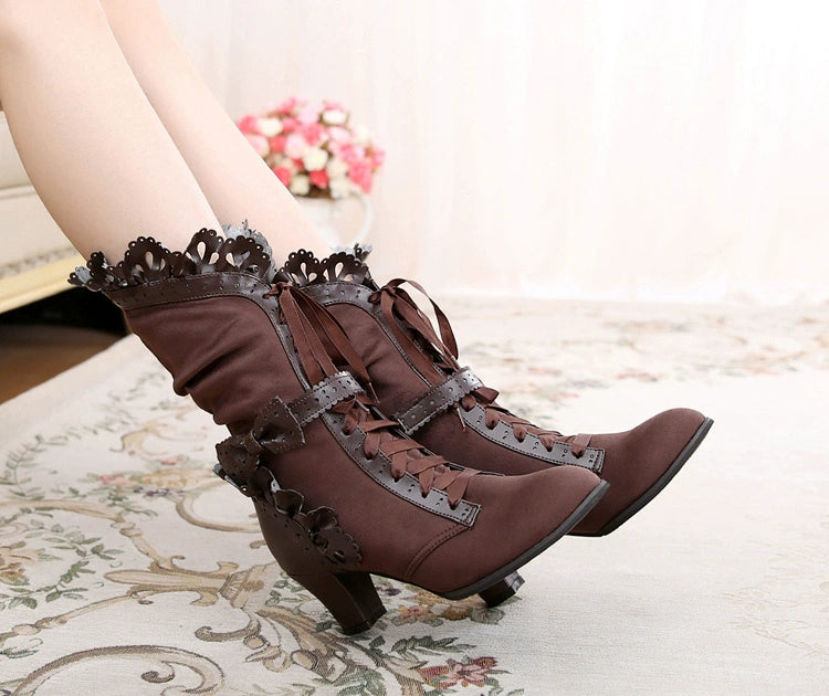 Sosic~Meteorite's Wound~Winter Gothic Lolita Boots Dark Velvet Mid-Calf Heels