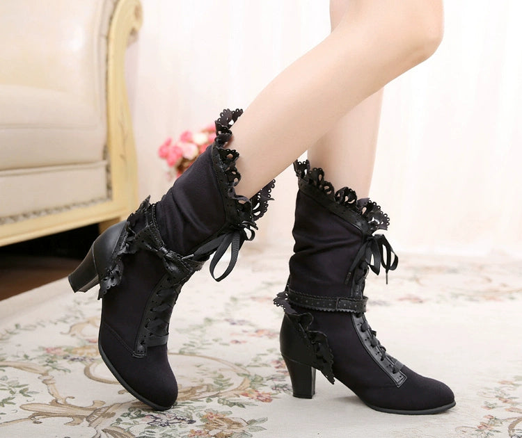 Sosic - Meteorite's Wound - Winter Gothic Lolita Boots Dark Velvet Mid-Calf Heels Black (single lining for Spring) 35